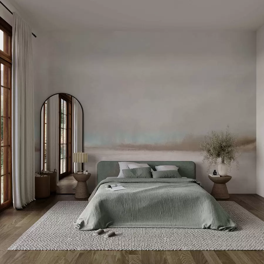 wall murals Misty landscape with lake and forest w05319