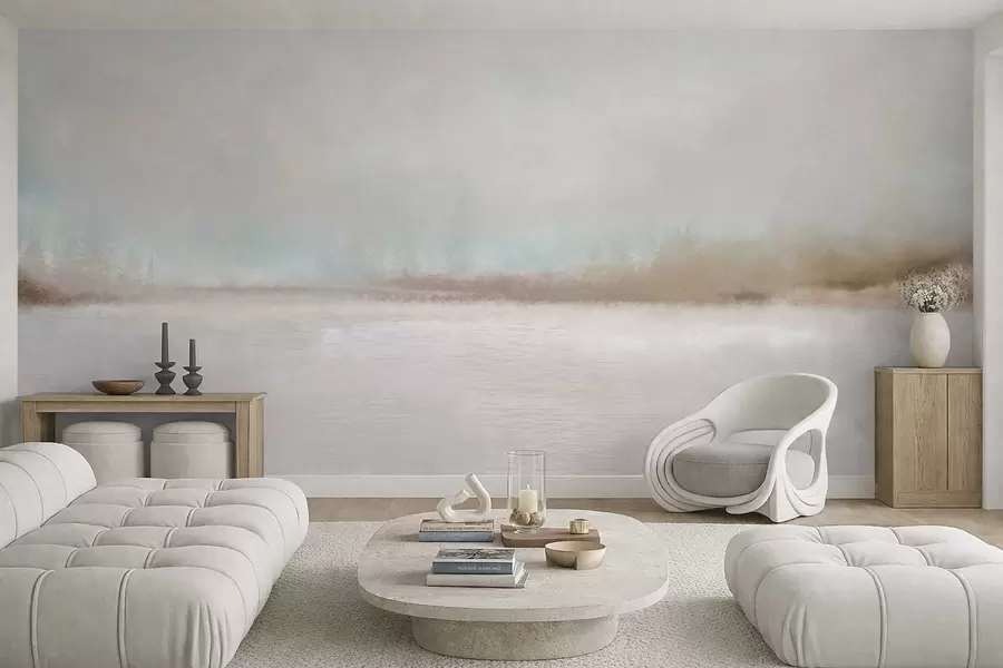 wall murals Misty landscape with lake and forest w05319