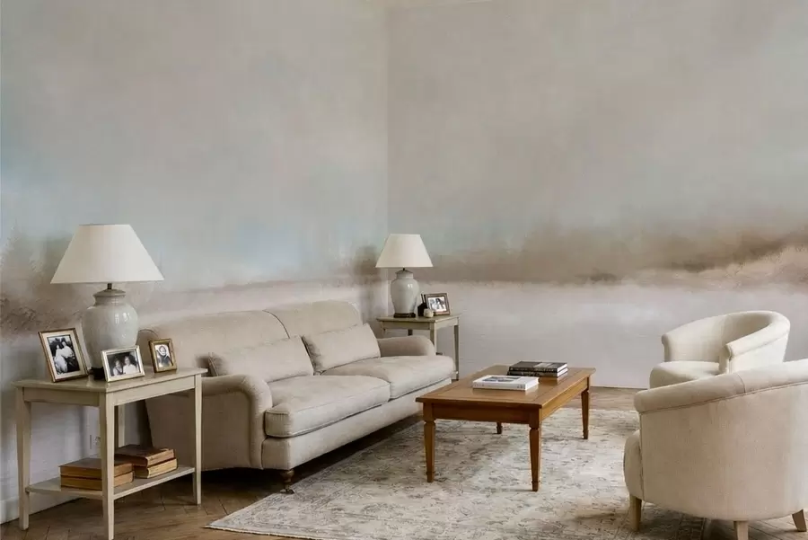 wall murals Misty landscape with lake and forest w05319