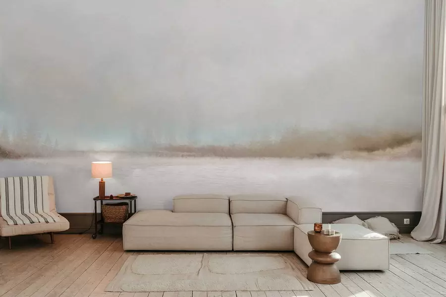 wall murals Misty landscape with lake and forest w05319