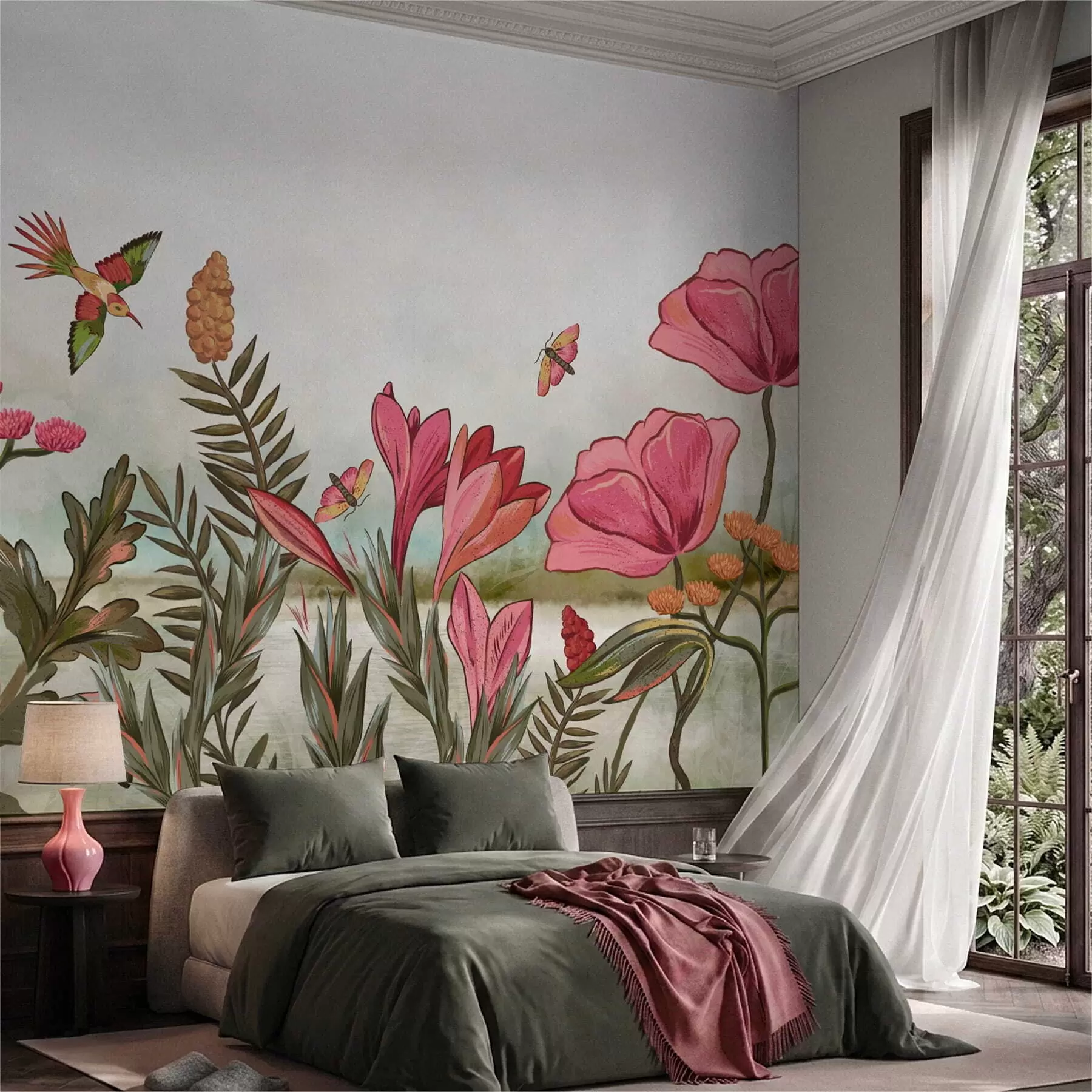 wall murals Bright flowers with bird and butterflies w05321