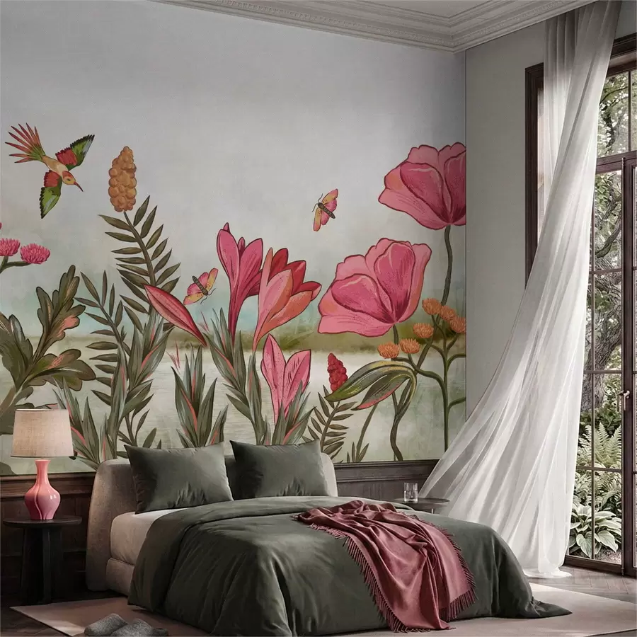 wall murals Bright flowers with bird and butterflies w05321