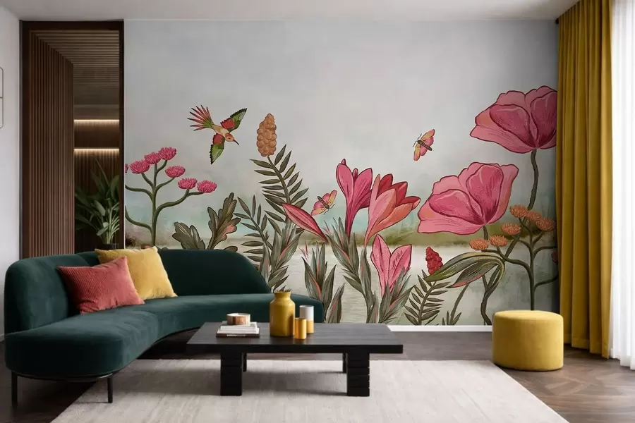 wall murals Bright flowers with bird and butterflies w05321