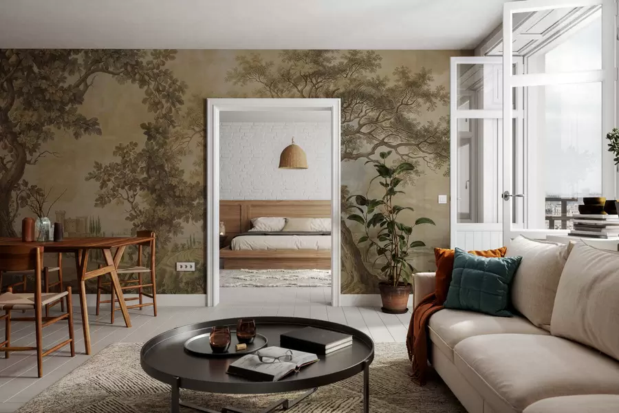 wall murals Pastoral landscape in embroidered style w05359