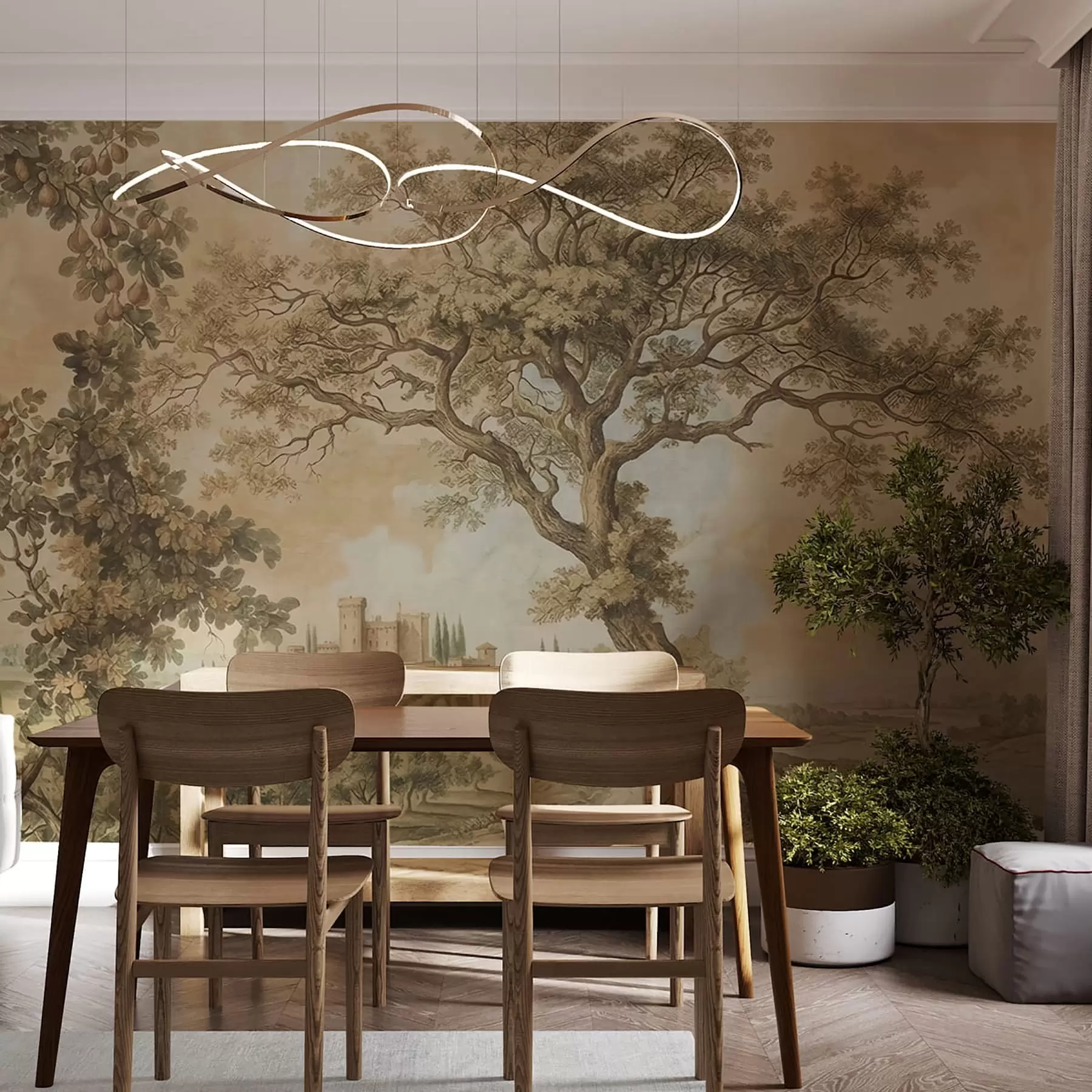 wall murals Pastoral landscape in embroidered style w05359