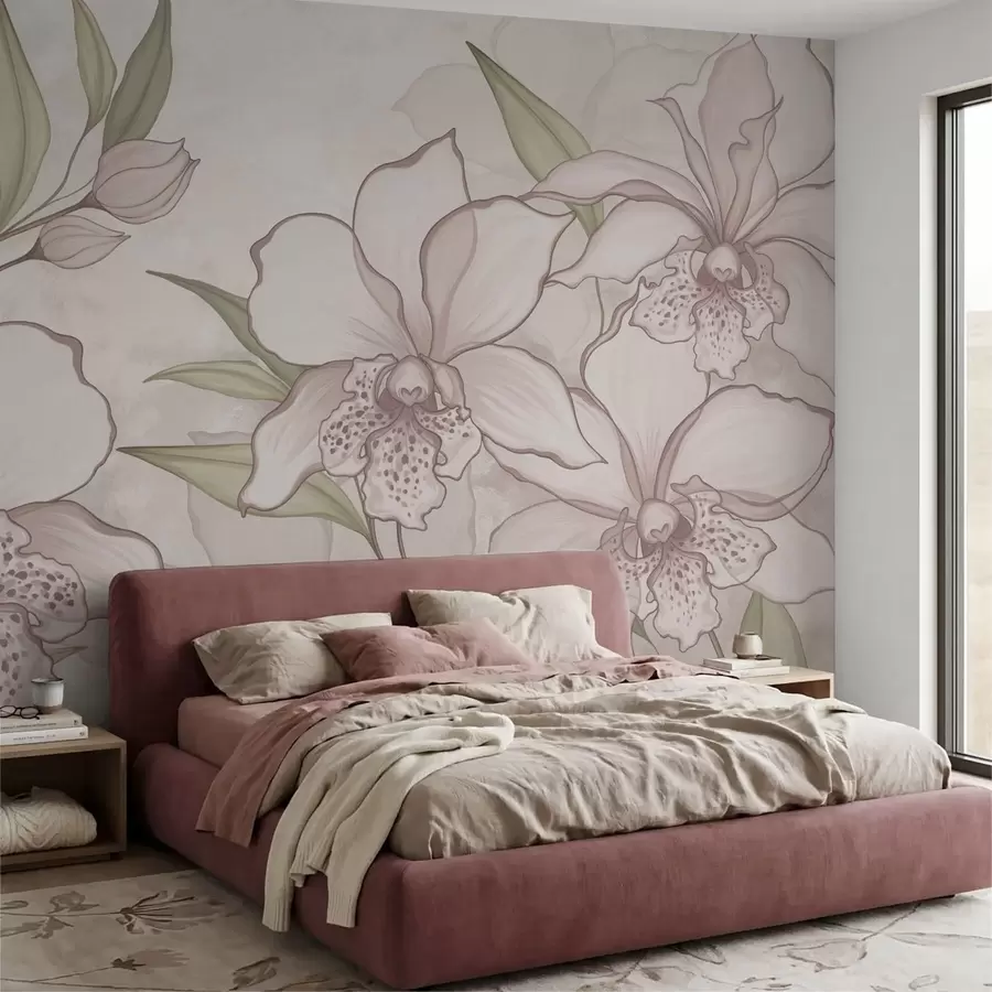 wall murals Illustration of pale orchids with leaves on beige background w05117