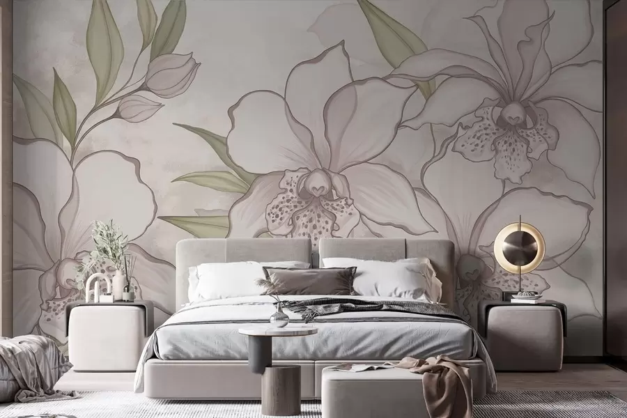 wall murals Illustration of pale orchids with leaves on beige background w05117