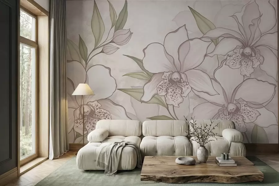 wall murals Illustration of pale orchids with leaves on beige background w05117