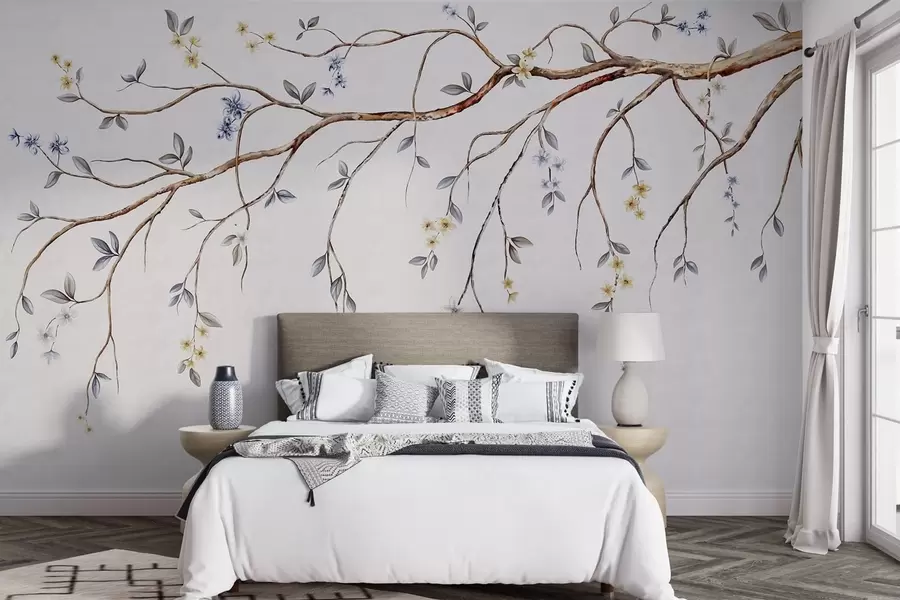 wall murals Thin branches with small flowers on light background w05145