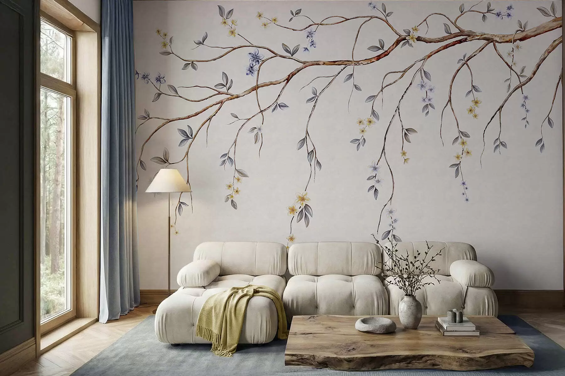 wall murals Thin branches with small flowers on light background w05145