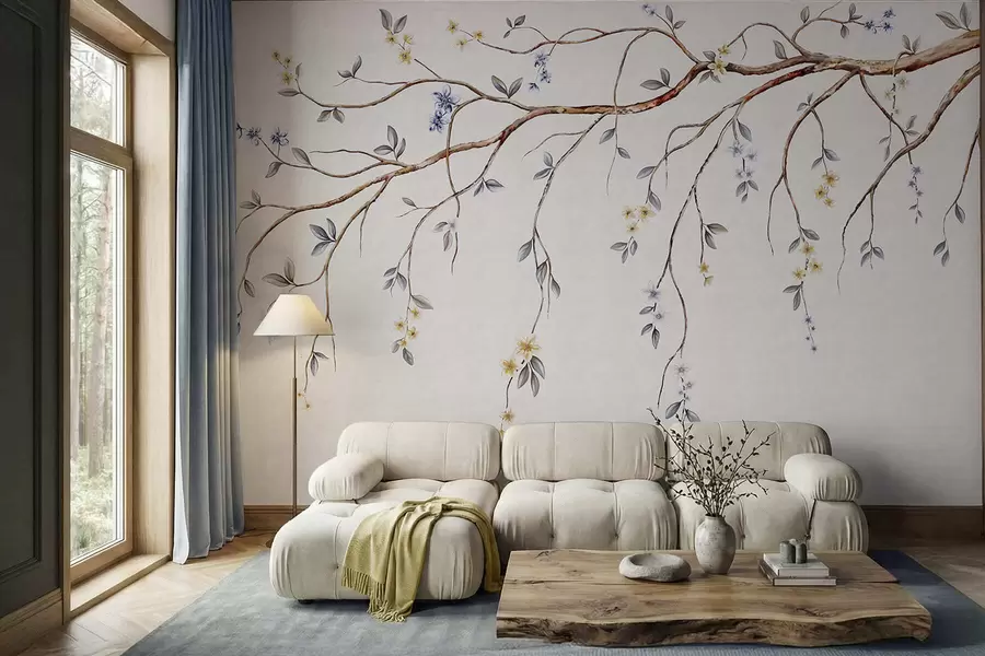 wall murals Thin branches with small flowers on light background w05145