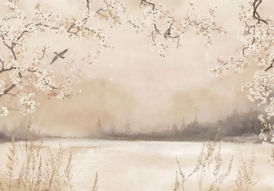 wall murals Delicate blooming branches by lake with birds in light mist w05155