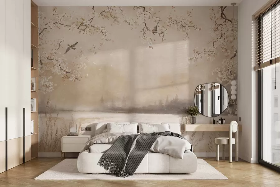 wall murals Delicate blooming branches by lake with birds in light mist w05155
