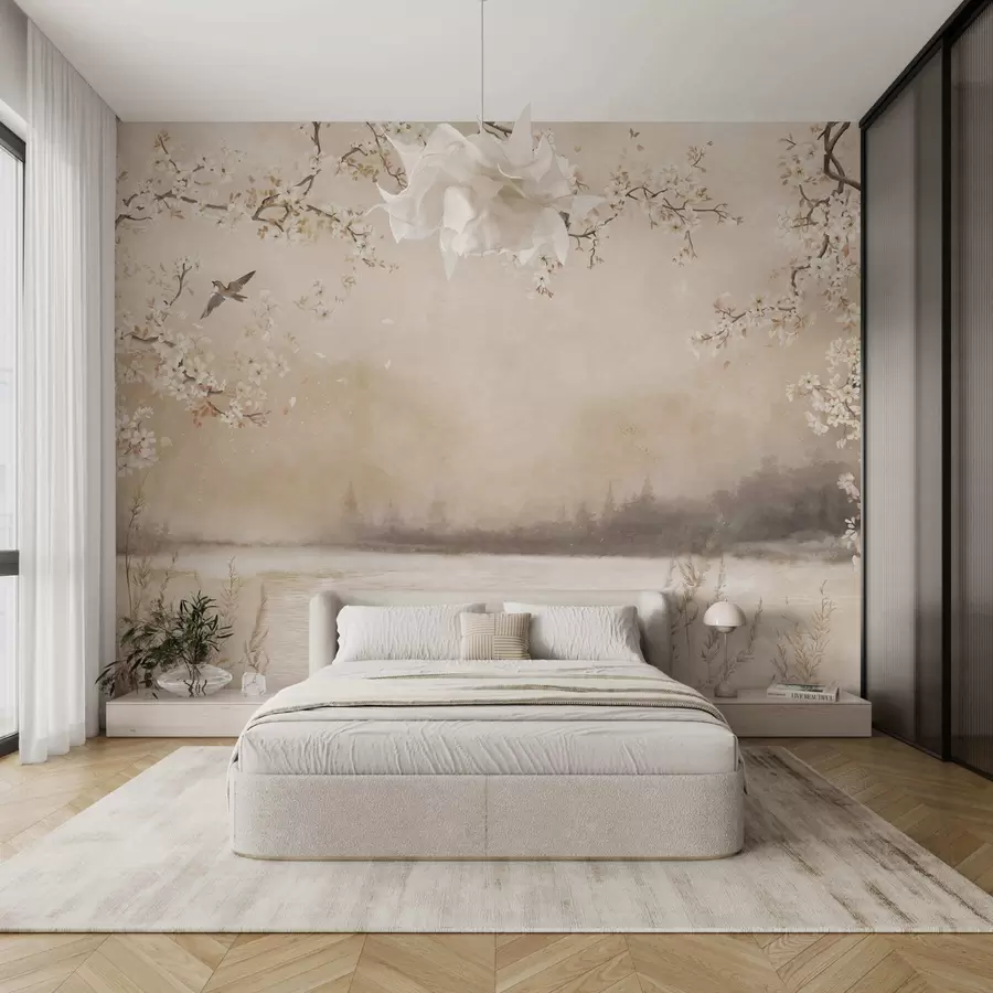 wall murals Delicate blooming branches by lake with birds in light mist w05155