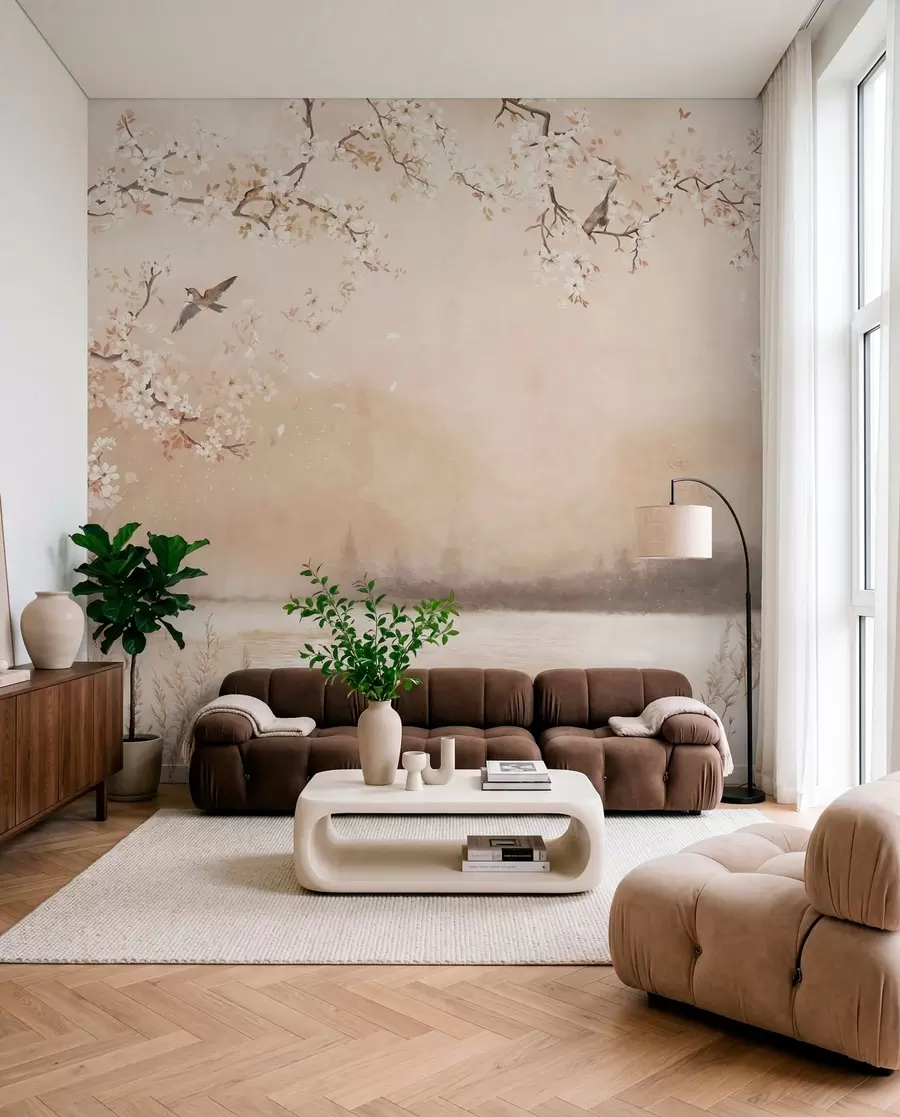 wall murals Delicate blooming branches by lake with birds in light mist w05155