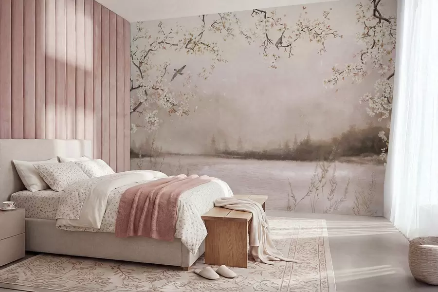 wall murals Blooming branches above calm lake with birds in mist w05155v1