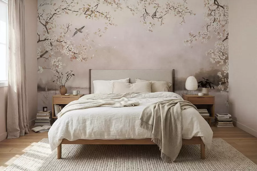 wall murals Blooming branches above calm lake with birds in mist w05155v1