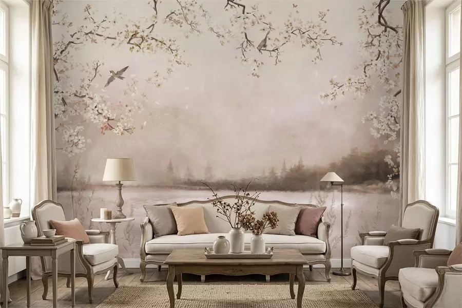 wall murals Blooming branches above calm lake with birds in mist w05155v1