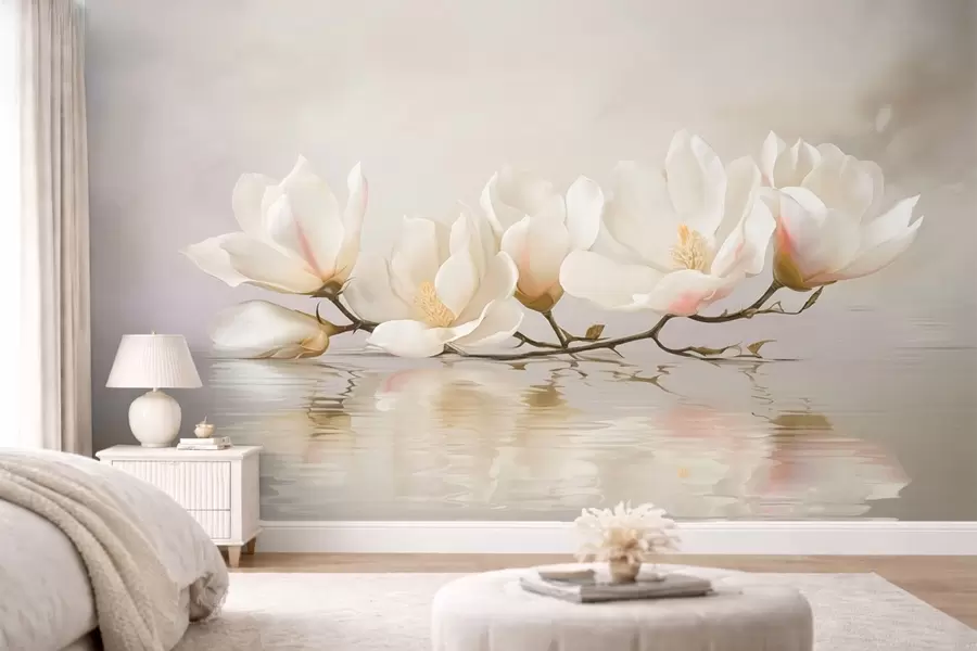 wall murals Light magnolia blossoms on branch above water reflection w05353