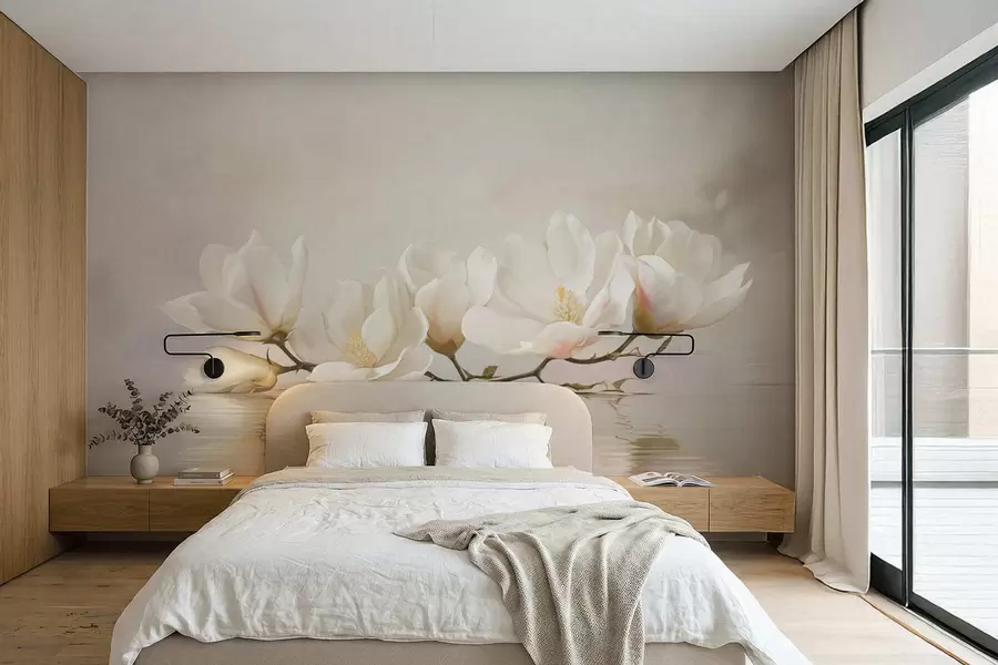 wall murals Light magnolia blossoms on branch above water reflection w05353