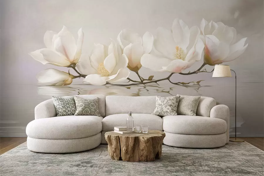 wall murals Light magnolia blossoms on branch above water reflection w05353