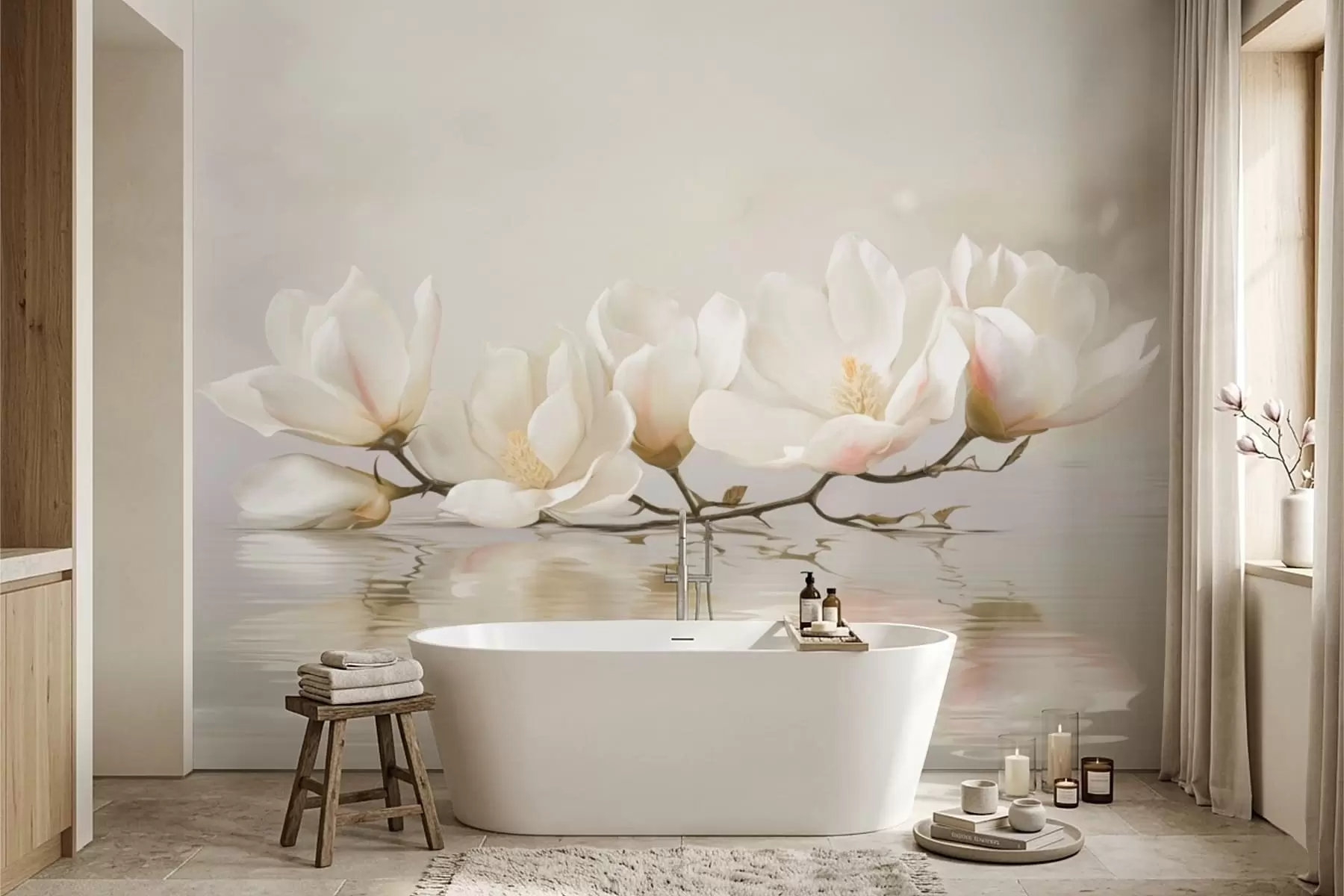 wall murals Light magnolia blossoms on branch above water reflection w05353