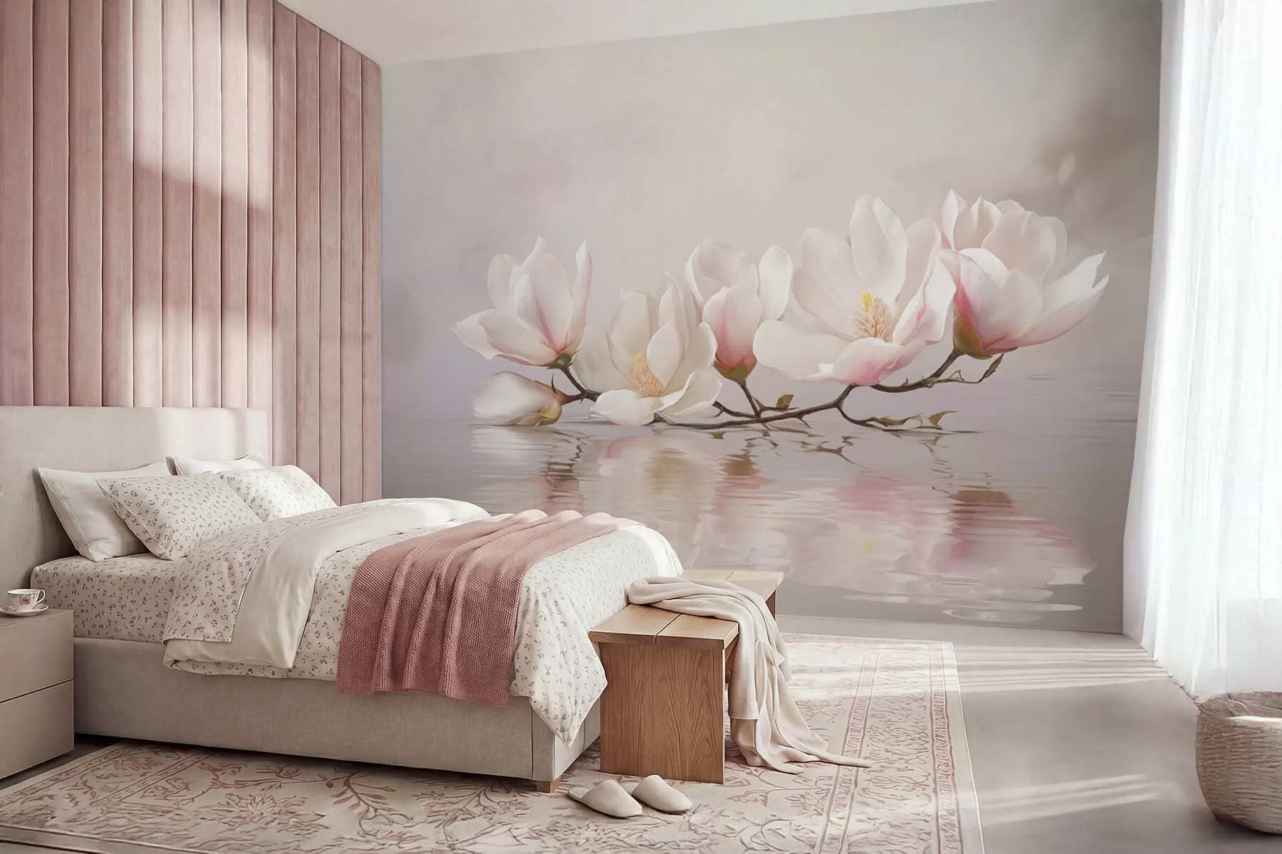 wall murals Magnolia branch with blossoms above calm water reflection w05353v1