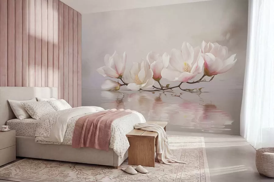 wall murals Magnolia branch with blossoms above calm water reflection w05353v1