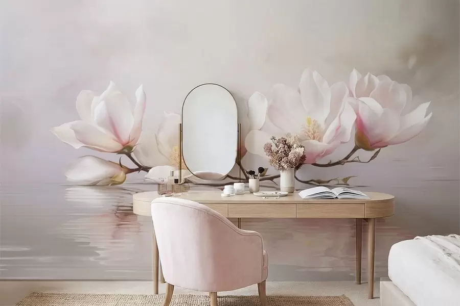 wall murals Magnolia branch with blossoms above calm water reflection w05353v1