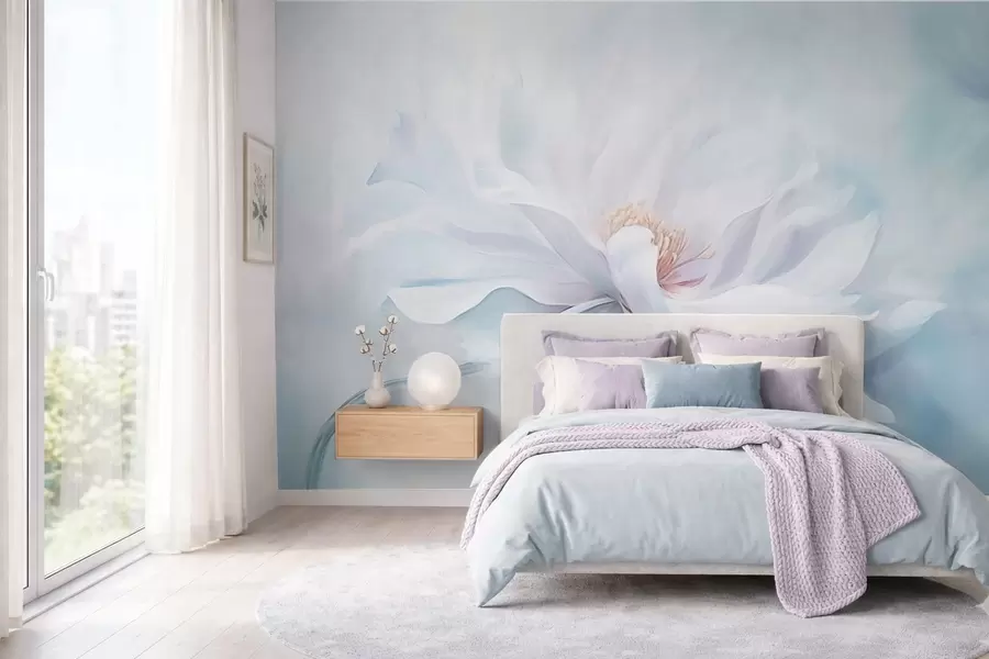 wall murals Soft white flower with flowing petals on blue background w05354