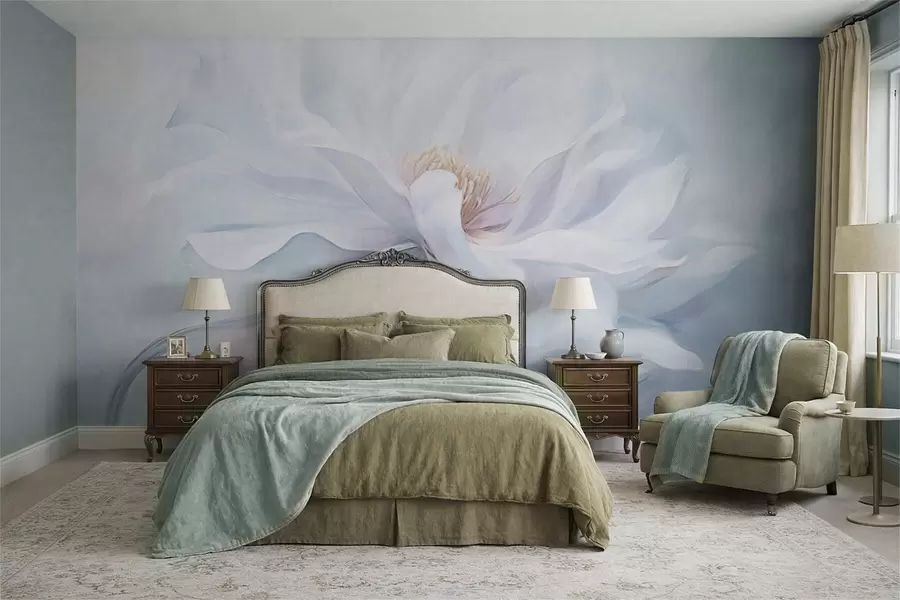 wall murals Soft white flower with flowing petals on blue background w05354