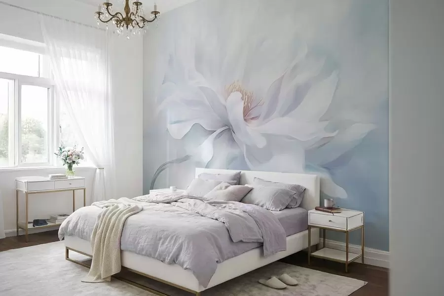 wall murals Soft white flower with flowing petals on blue background w05354
