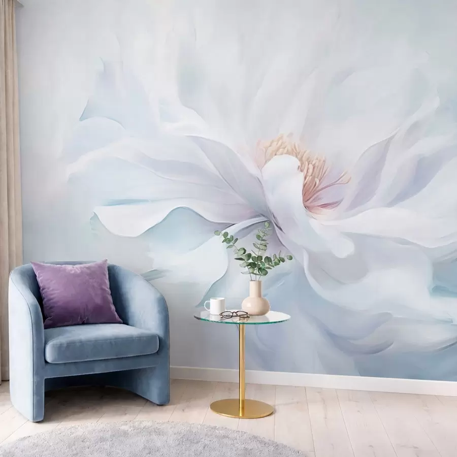 wall murals Soft white flower with flowing petals on blue background w05354