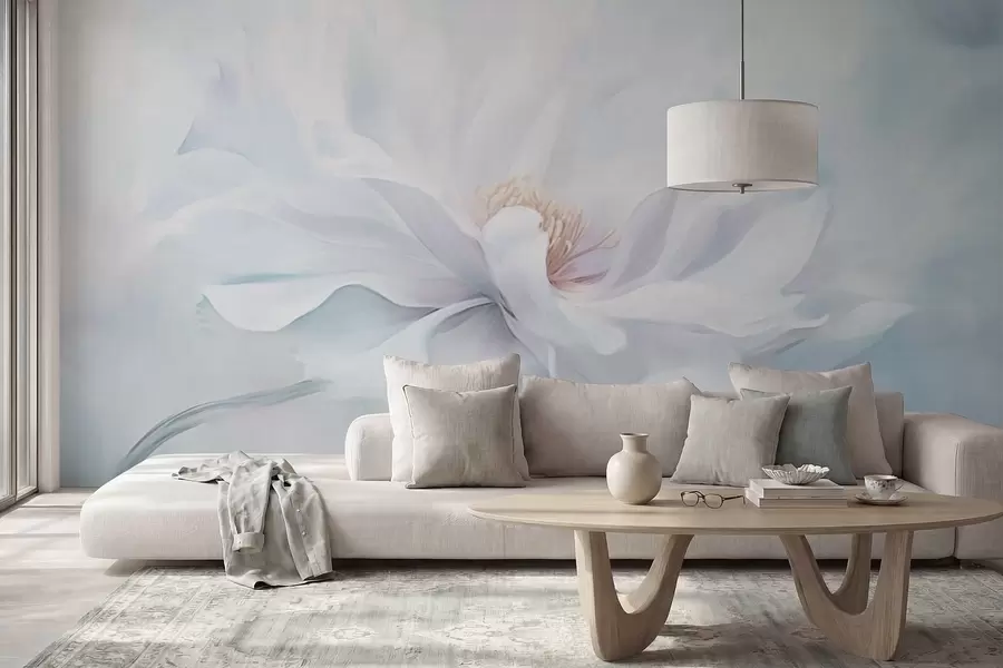 wall murals Soft white flower with flowing petals on blue background w05354