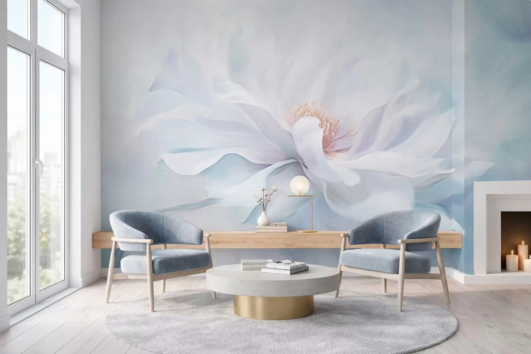 wall murals Soft white flower with flowing petals on blue background w05354