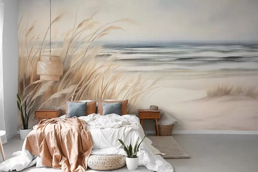 wall murals Textured landscape with dry grass on a sandy beach, with the ocean and sky in the background w09739