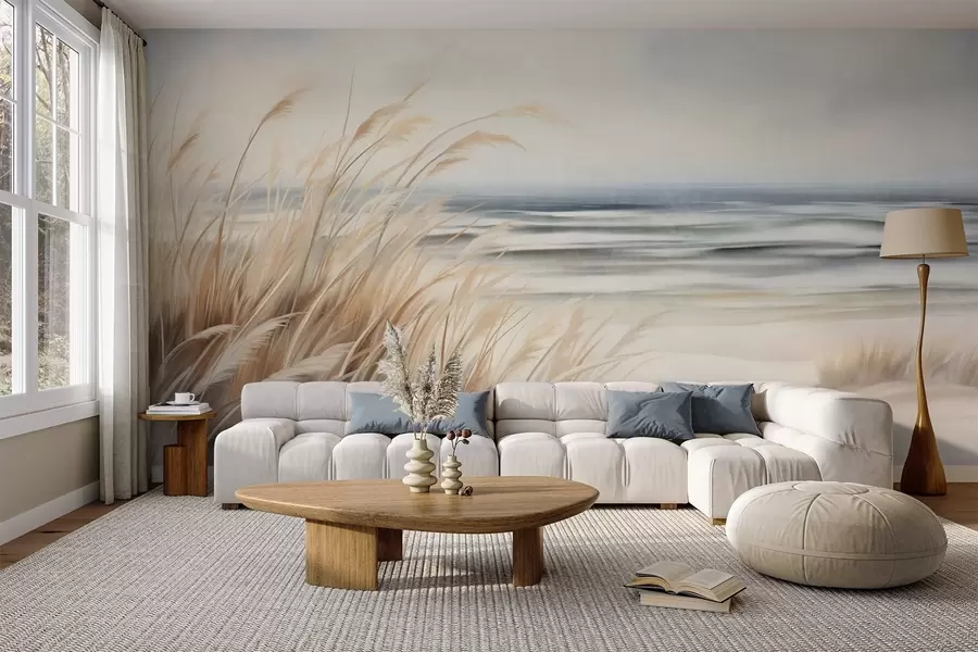 wall murals Textured landscape with dry grass on a sandy beach, with the ocean and sky in the background w09739