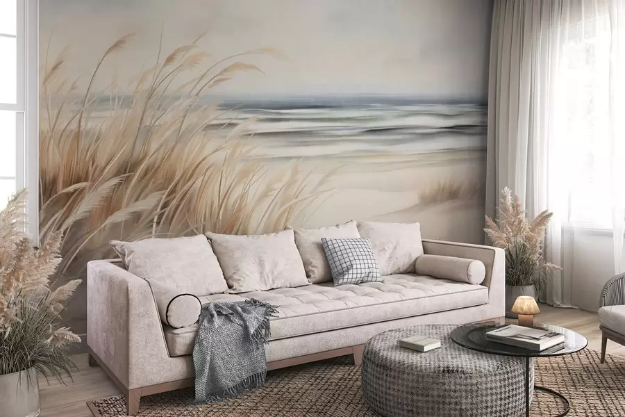 wall murals Textured landscape with dry grass on a sandy beach, with the ocean and sky in the background w09739