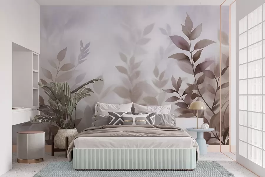 wall murals Delicate branches with muted brown and beige leaves, watercolor painting style, textured art w09750