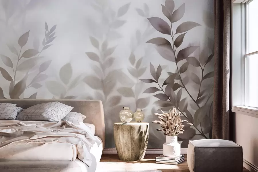 wall murals Delicate branches with muted brown and beige leaves, watercolor painting style, textured art w09750