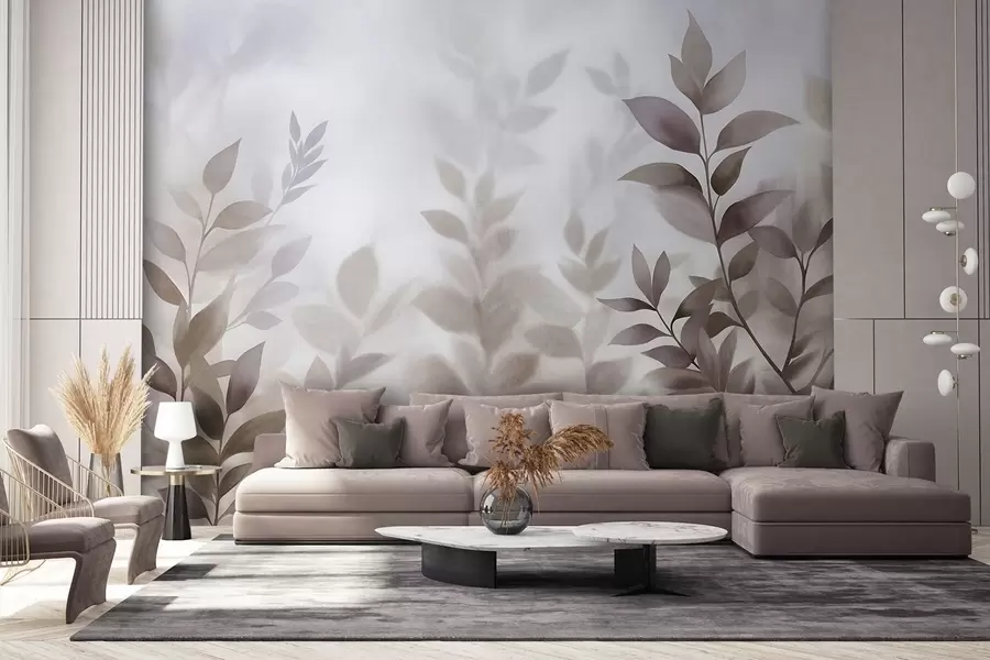 wall murals Delicate branches with muted brown and beige leaves, watercolor painting style, textured art w09750