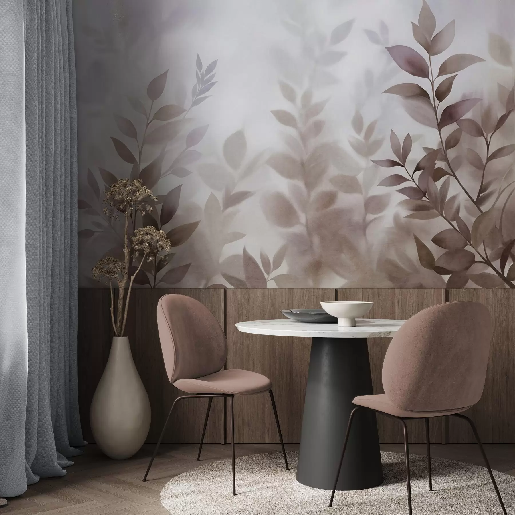 wall murals Delicate branches with muted brown and beige leaves, watercolor painting style, textured art w09750