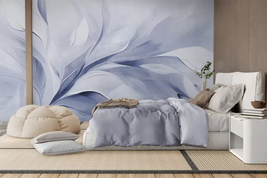 wall murals Abstract textured painting style of pale blue and white flowing leaves w09765