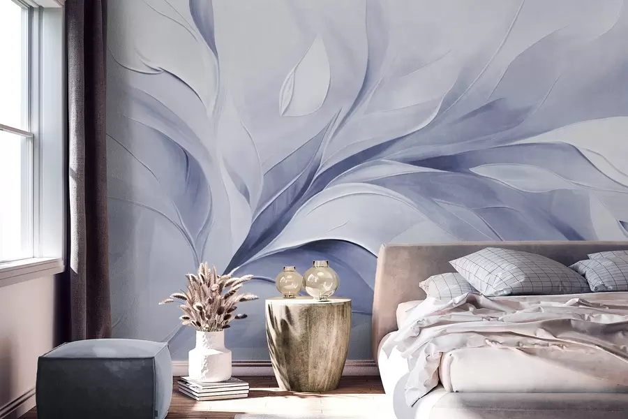 wall murals Abstract textured painting style of pale blue and white flowing leaves w09765