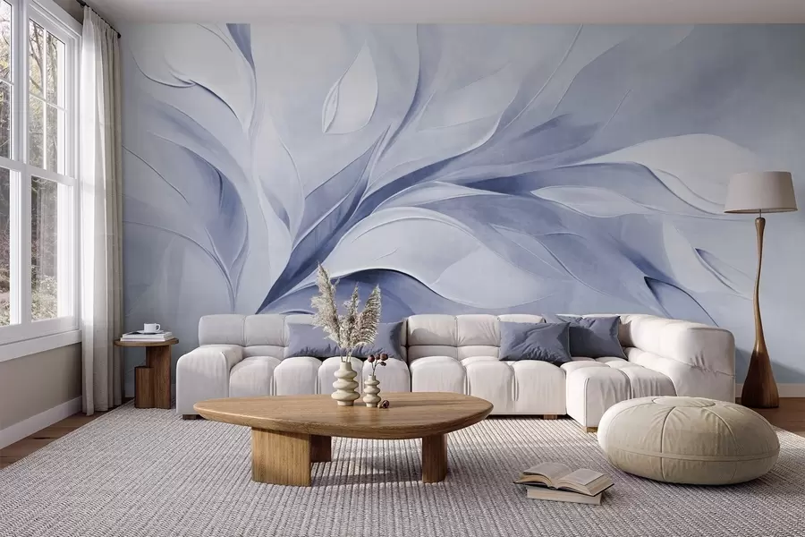 wall murals Abstract textured painting style of pale blue and white flowing leaves w09765