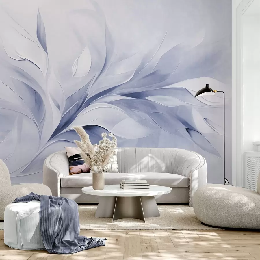 wall murals Abstract textured painting style of pale blue and white flowing leaves w09765