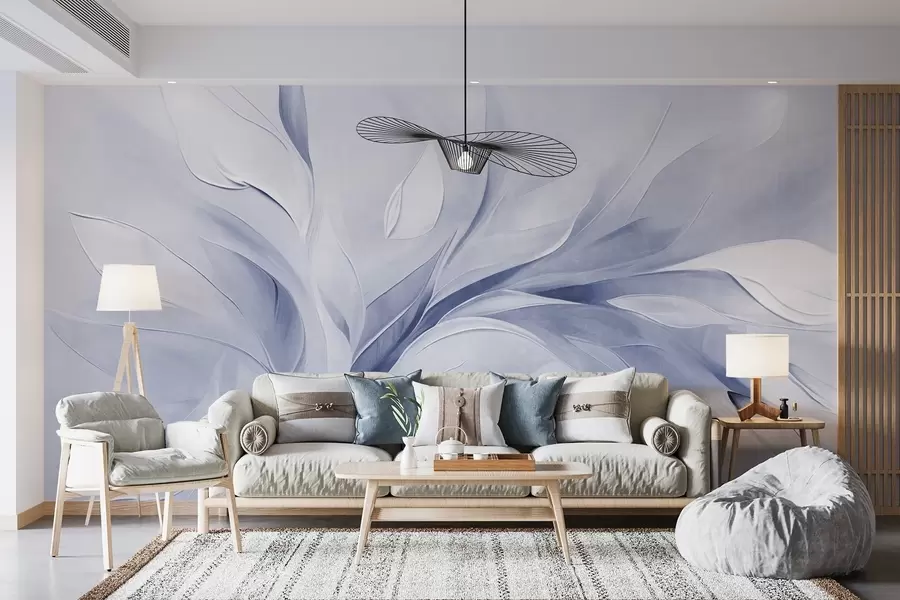 wall murals Abstract textured painting style of pale blue and white flowing leaves w09765