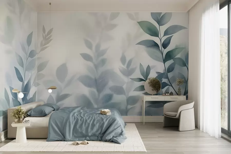 wall murals Delicate branches with muted blue leaves, watercolor painting style, textured art w09750v1