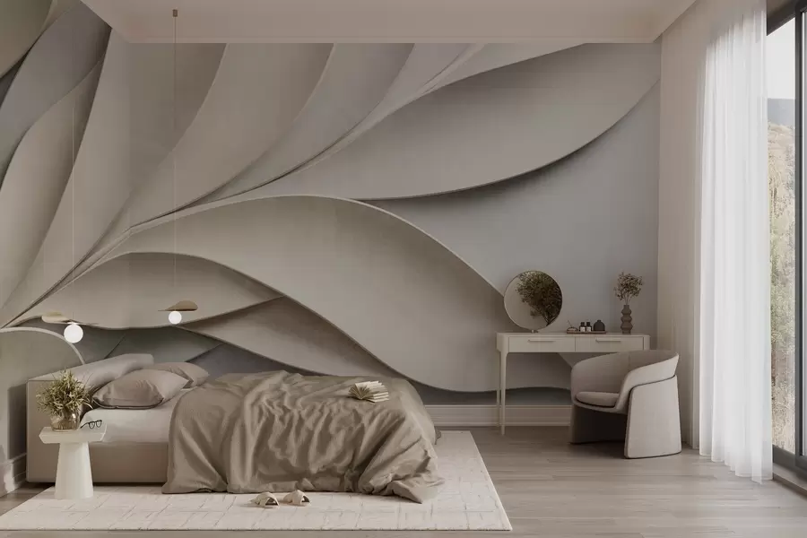 wall murals Abstract leaves in beige and gray, textured modern art w09769