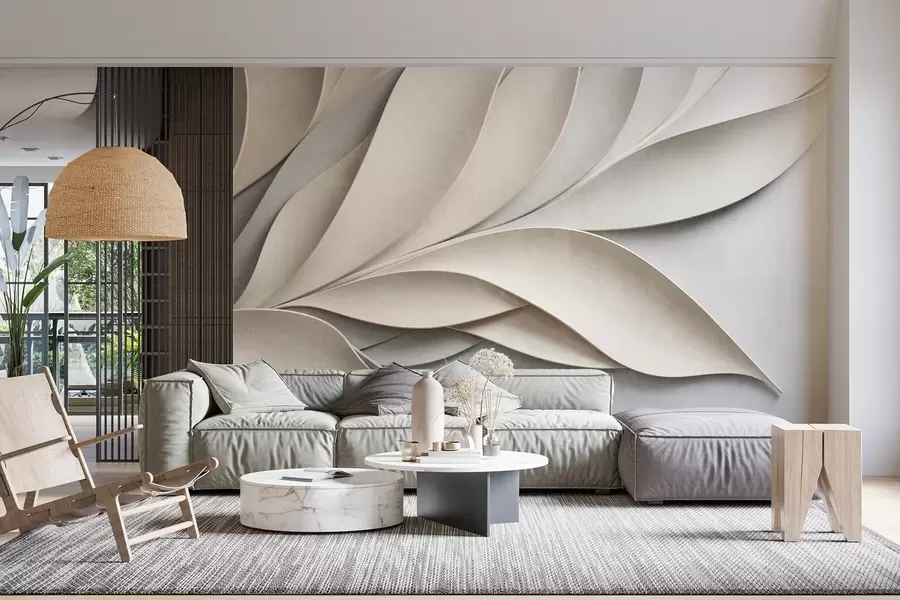 wall murals Abstract leaves in beige and gray, textured modern art w09769